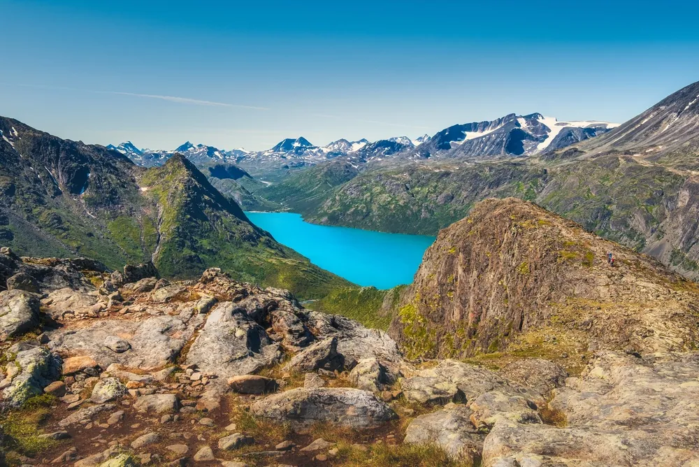 Rocky Besseggen ridge above Gjende in Jotunheimen