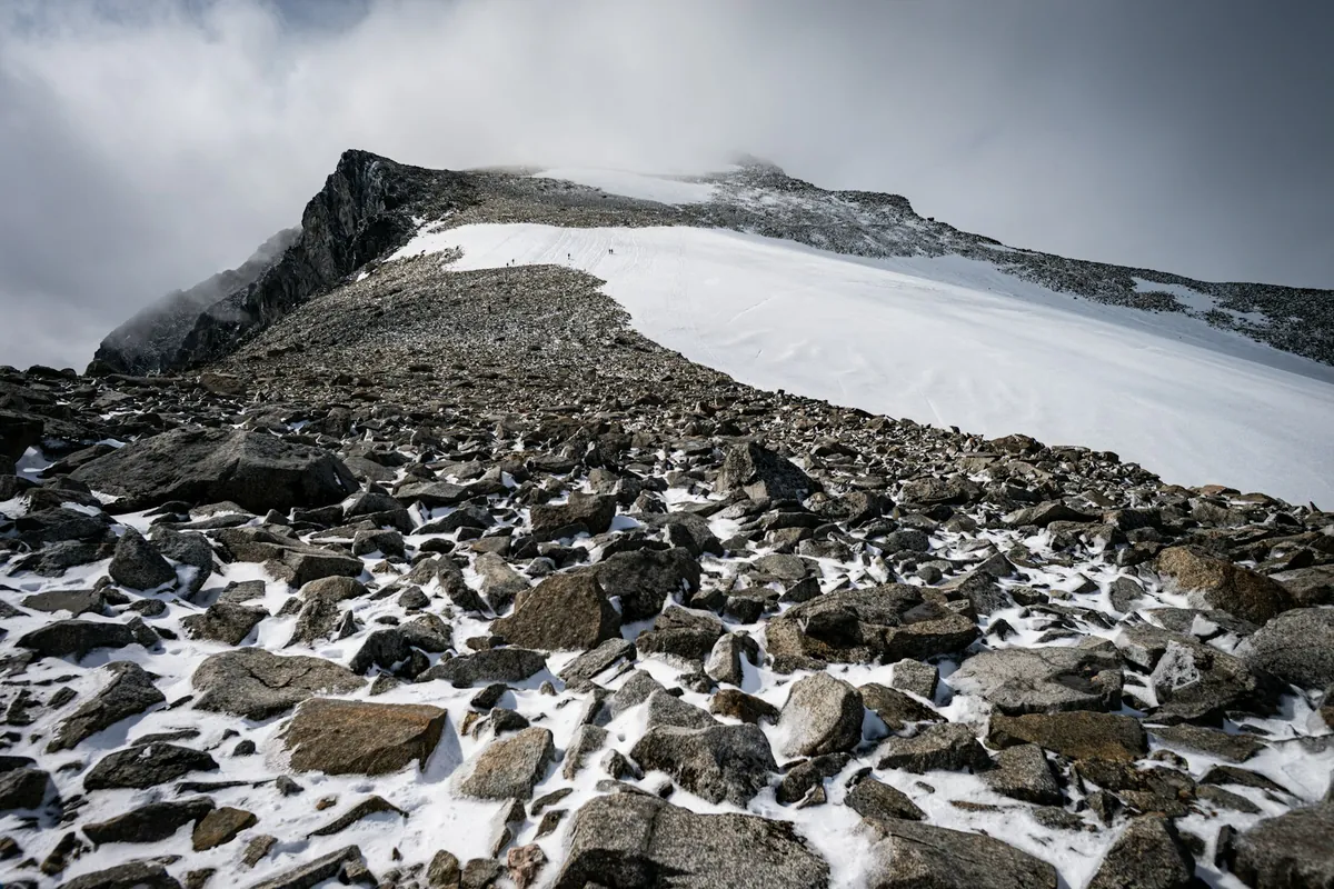 Rocky and snowy high-mountain terrain on the approach to Galdhøpiggen