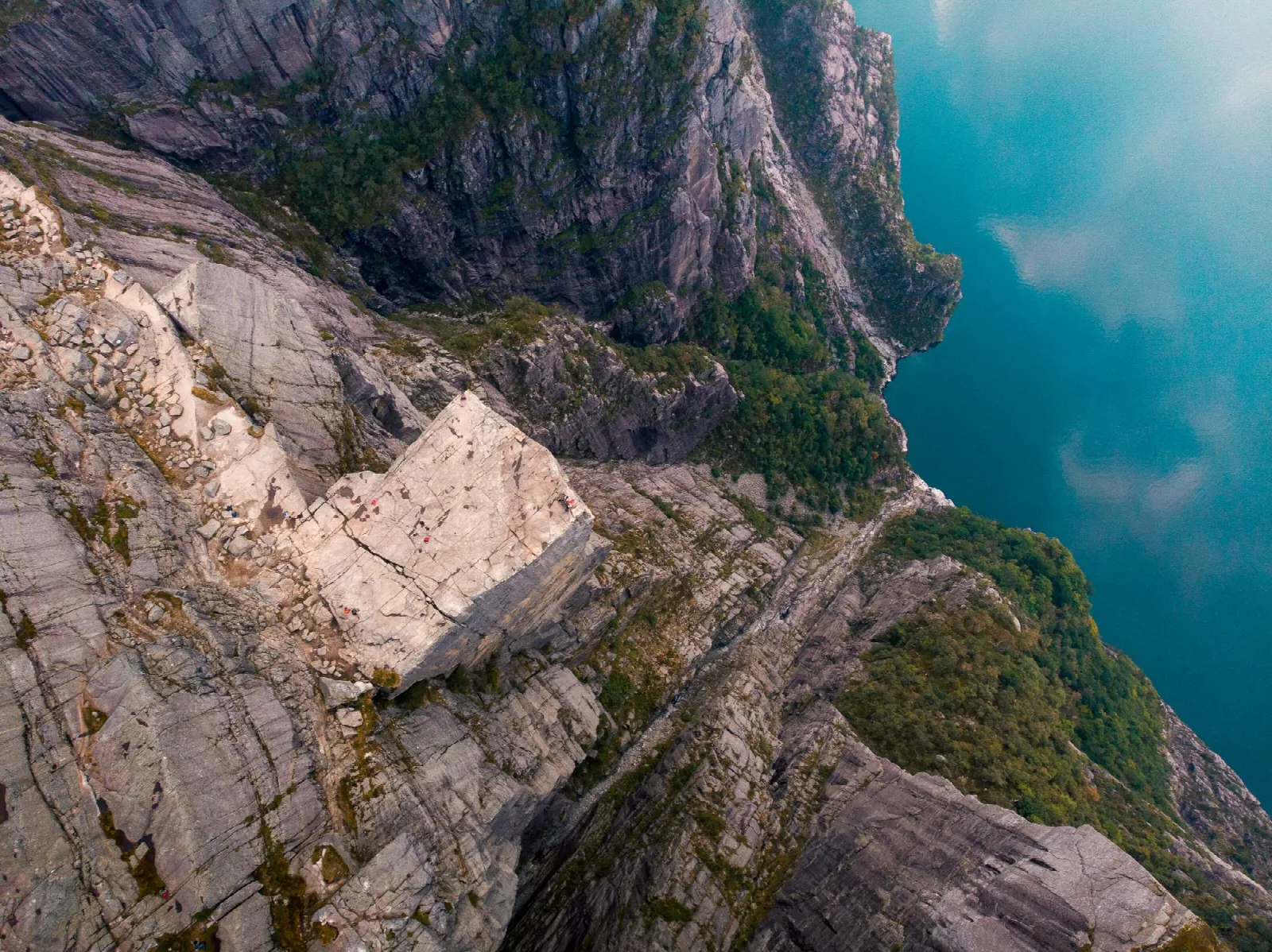 Aerial view of the Preikestolen plateau and its sheer drop above Lysefjorden