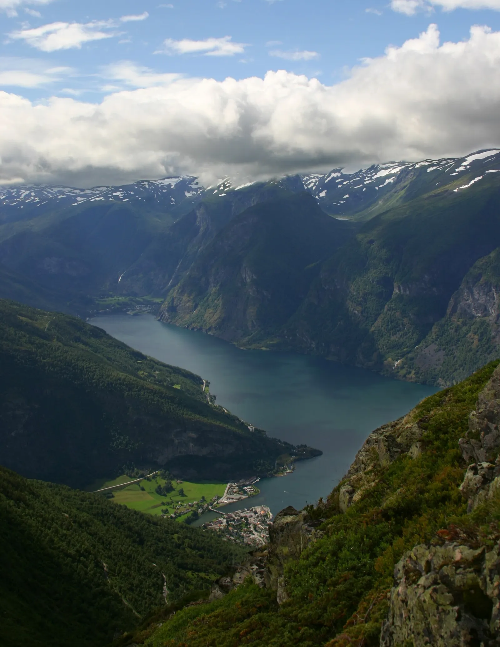 Aurlandsfjord and Aurlandsvangen seen from below the summit of Prest