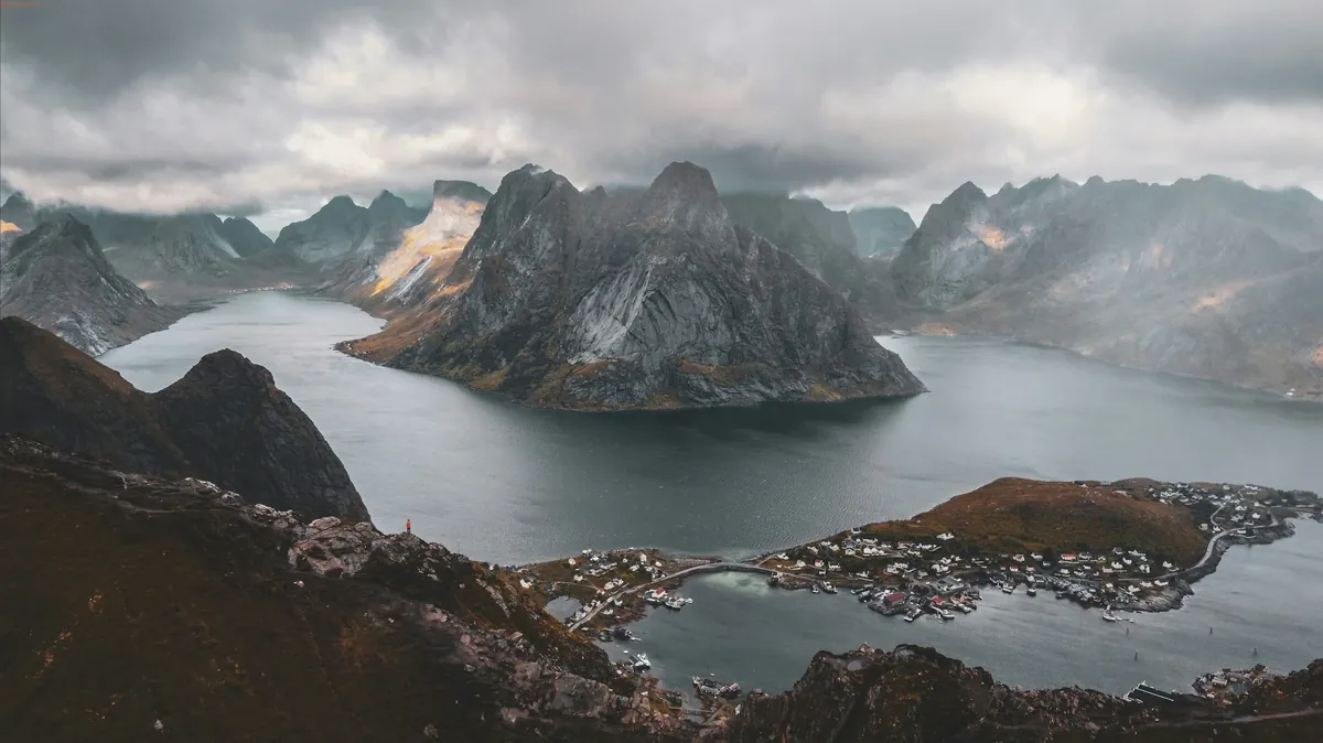View over Reinefjorden and the Lofoten mountains from Reinebringen