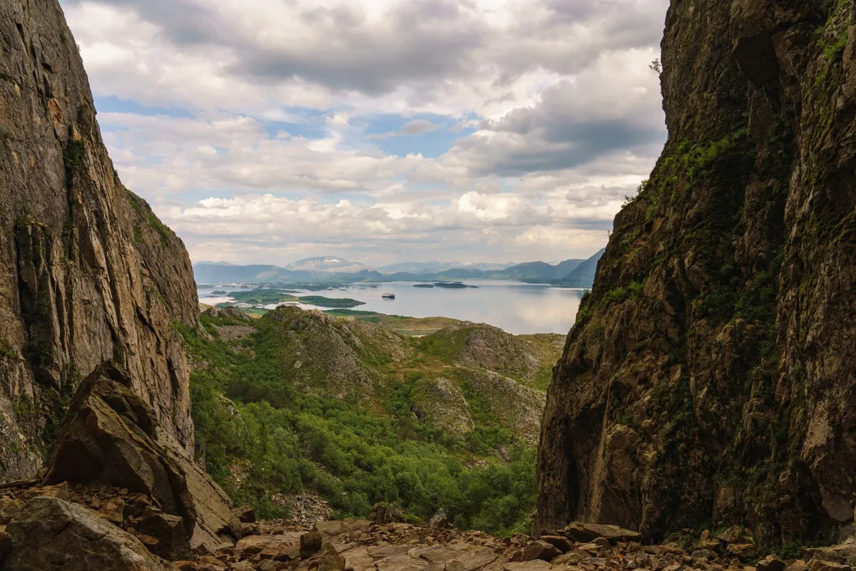 View through Torghatten's natural tunnel towards the Helgeland coast