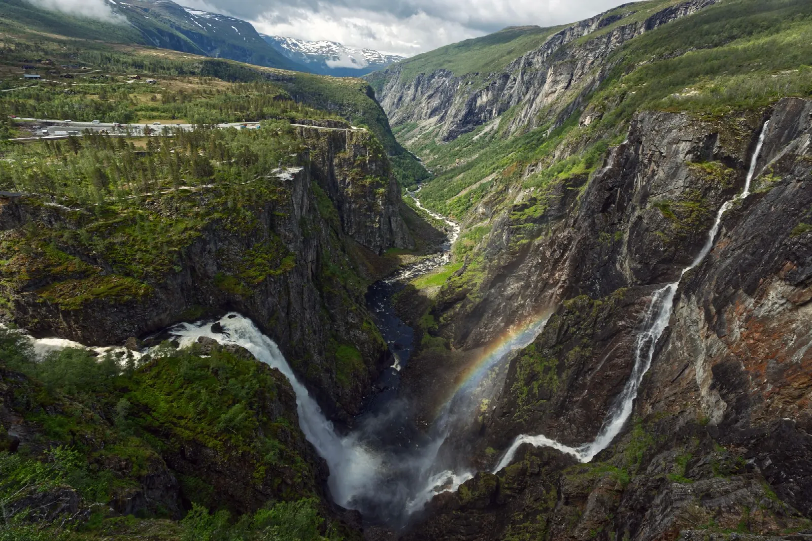 Vøringsfossen plunging into Måbødalen with a rainbow in the waterfall spray
